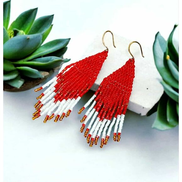Red & White Boho Chic Fringe Cascade Dangle Earrings, Statement 4" - Picture 1 of 7